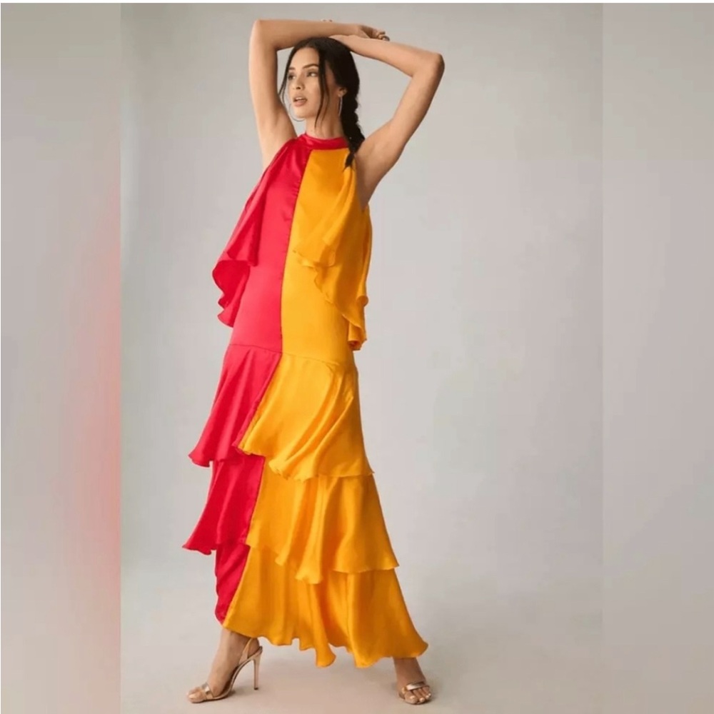 Anthropologie Pinnacle by Shruti Sancheti Mock-Neck Colorblock Ruffle  Dress NWT